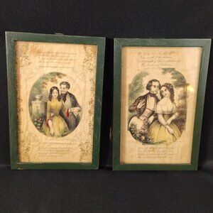 Pair of Victorian Romance Prints – Green Wood Frames – 19th Century-Style Courts